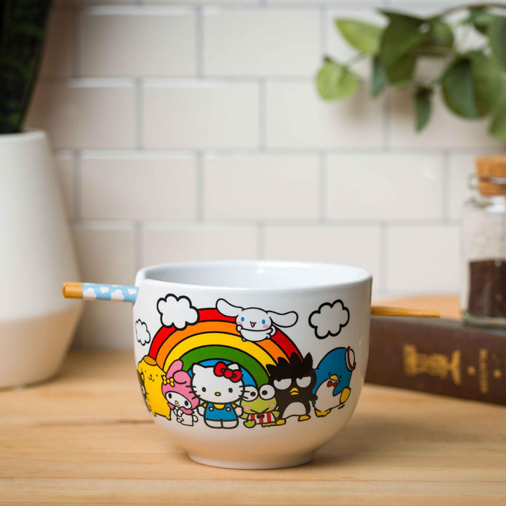 Silver Buffalo Sanrio Hello Kitty and Friends Rainbow Ceramic Ramen Rice Bowl with Chopsticks, 20 Ounces, White/Multi Cartoon