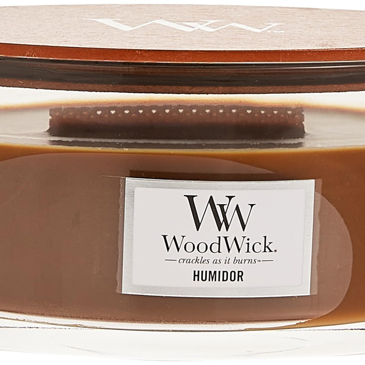 WoodWick Ellipse Scented Candle, Humidor, 16oz | Up to 50 Hours Burn Time & Medium Hourglass Candle, Evening Bonfire - Premium Soy Blend Wax, Pluswick Innovation Wood Wick, Made in USA