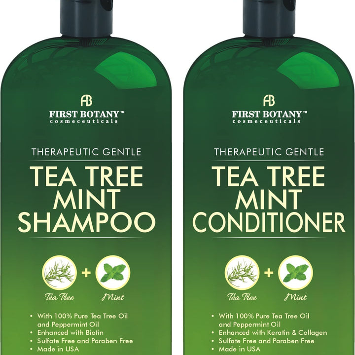 Mint Shampoo and Conditioner - Tea Tree and Peppermint Oils - Promotes Hair Growth, Fights Dandruff, Lice & Itchy Scalp - Sulfate-Free for Men and Women - 16 fl oz x 2