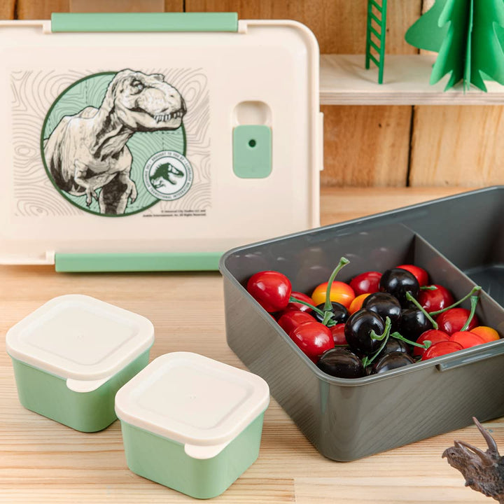 Zak Designs Jurassic World Dominion Reusable Plastic Bento Box with Leak-Proof Seal, Carrying Handle, Microwave Steam Vent, and Individual Containers for Kids' Packed Lunch (3-Piece Set)