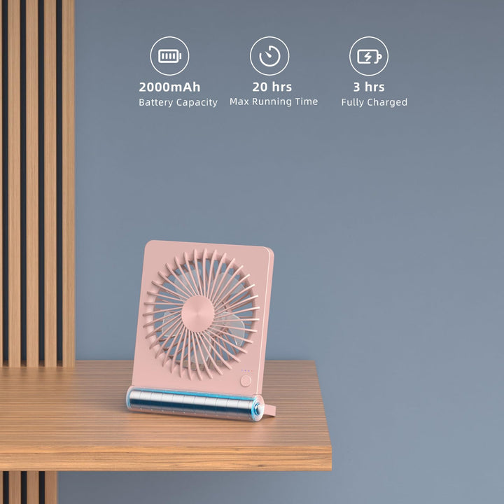 Koonie Portable Desk Fan, 3.5-20hrs Battery Operated Small USB Fan with Ultra Quiet 220 Tilt Folding, Rechargeable Personal Fan with 3 Speeds Strong Wind for Home Office Desktop, Pink