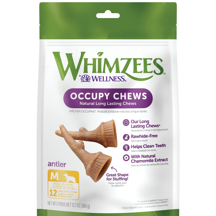 WHIMZEES by Wellness Occupy Antler Natural Dental Chews for Dogs, Long Lasting Treats, Grain-Free, Freshens Breath, Medium Breed, 12 count