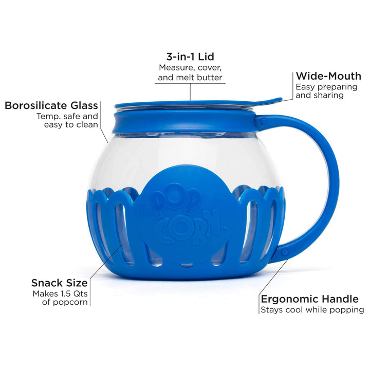 Ecolution Patented Micro-Pop Microwave Popcorn Popper with Temperature Safe Glass, 3-in-1 Lid Measures Kernels and Melts Butter, Made Without BPA, Dishwasher Safe, 1.5-Quart, Blue