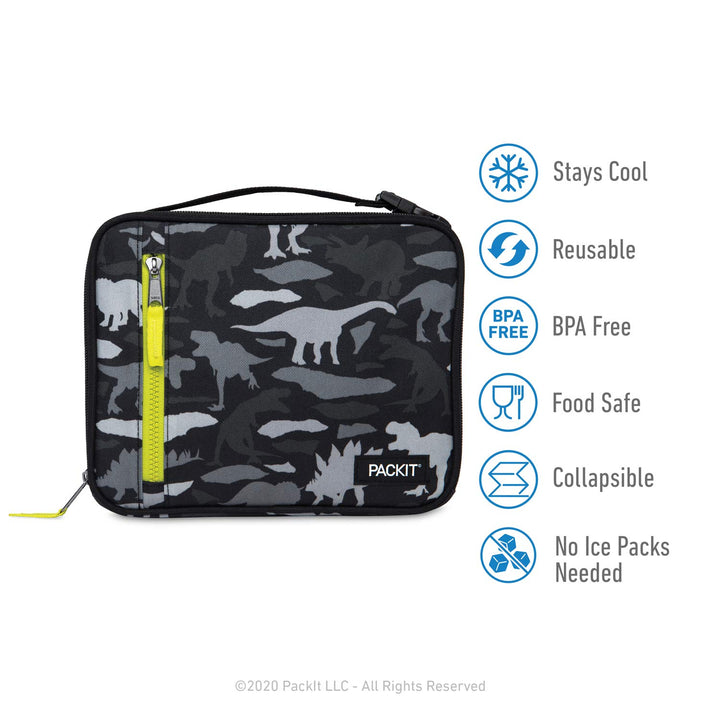 PackIt Freezable Classic Lunch Box, Dino Camo Charcoal, Built with EcoFreeze Technology, Collapsible, Reusable, Zip Closure With Zip Front Pocket and Buckle Handle, Perfect for School Lunches