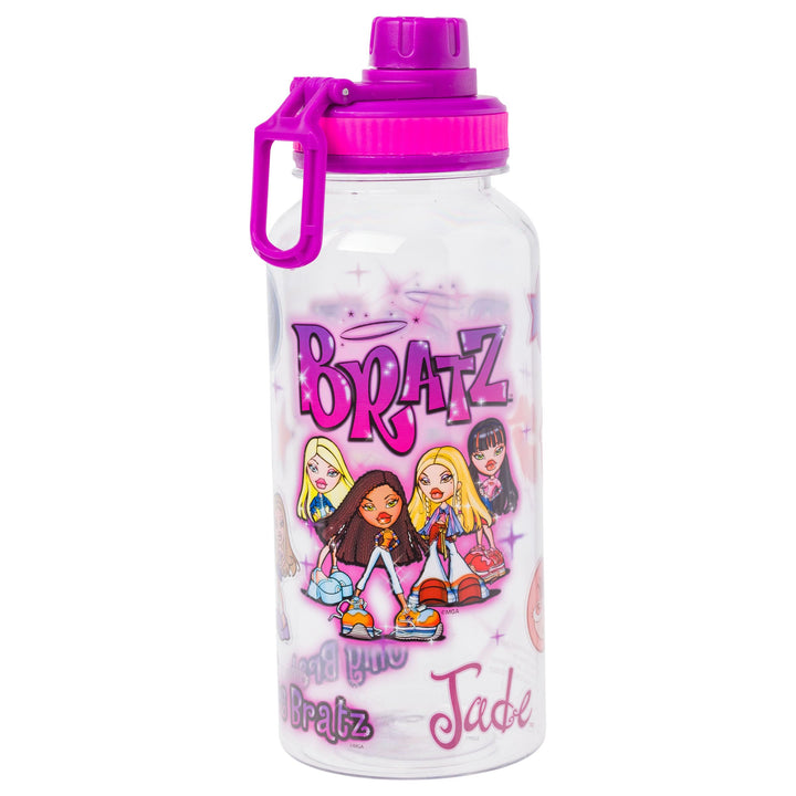 Silver Buffalo Bratz Airbrush Featuring Yasmin, Sasha, Jade, and Cloe Twist Spout Plastic Water Bottle with Stickers You Stick Yourself, 32 Ounces Bratz Airbrush Group Twist