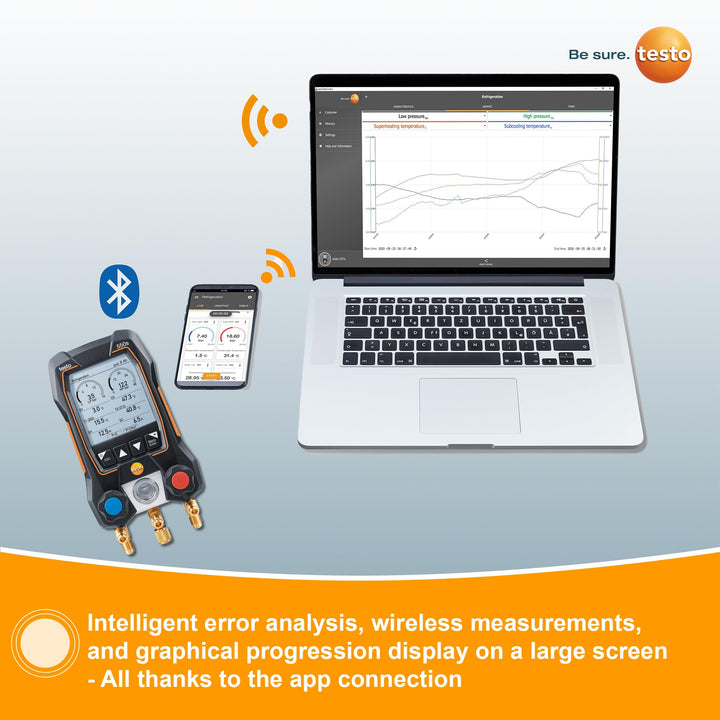 Testo 550s AC Manifold Gauge Set – Manifold Gauges Hvac and Refrigeration – Incl. 2x testo 115i Pipe Clamp Thermometer, 1x testo 552i Micron Gauge - AC Recharge Kit, AC Gauge Set with Bluetooth Vacuum Kit Digital Manifold