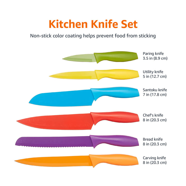 Basics Color-Coded Kitchen 12-Piece Knife Set, 6 Knives with 6 Blade Guards, Multicolor, 13.88 x 4.13 x 1.38 inch