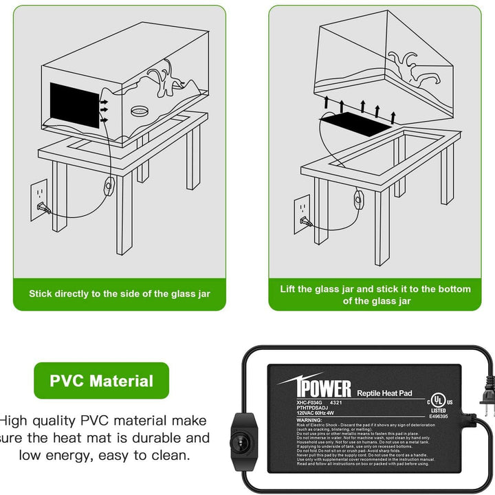 iPower 4 by 7-Inch 4 Watts Reptile Heating Mat with Temperature Controller Under Tank Warmer Terrarium Heat Pad for Reptiles and Amphibians, Black 4" x 7" Black/Heat Pad With Adjust Knob