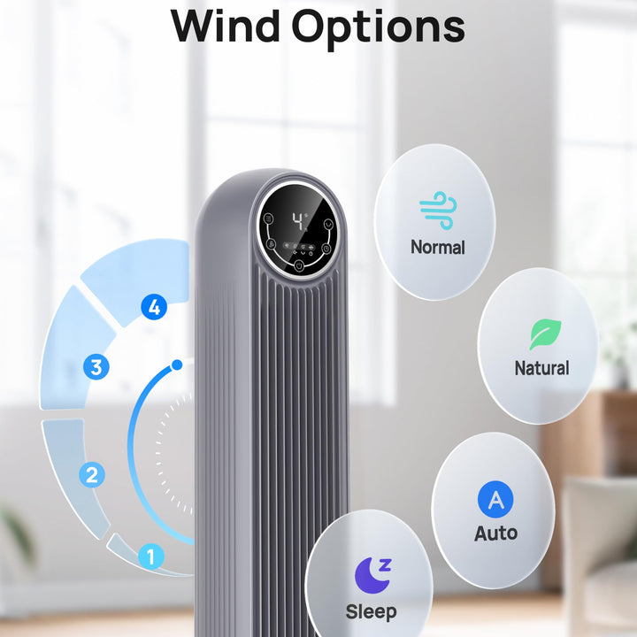 Dreo Tower Fan for Bedroom, 25ft/s Velocity Quiet Floor Fan, 90° Oscillating Fans for Indoors with 4 Speeds, 4 Modes, 8H Timer, Bladeless Fan, Standing Fans, Grey, Nomad One (DR-HTF007)