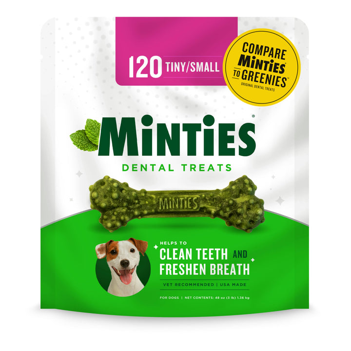 Minties Dental Chews for Dogs, 120 Count, Vet-Recommended Mint-Flavored Dental Treats for Tiny/Small Dogs 5-24 lbs, Dental Bones Clean Teeth, Fight Bad Breath, and Removes Plaque and Tartar Small Mint 48 Ounces