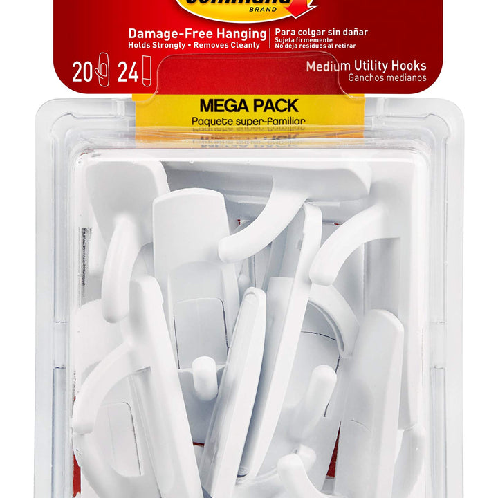 Command Medium Utility Hooks, Damage Free Hanging Wall Hooks with Adhesive Strips, No Tools Wall Hooks for Hanging Organizational Items in Living Spaces, 20 White Hooks and 24 Command Strips 20 Hooks