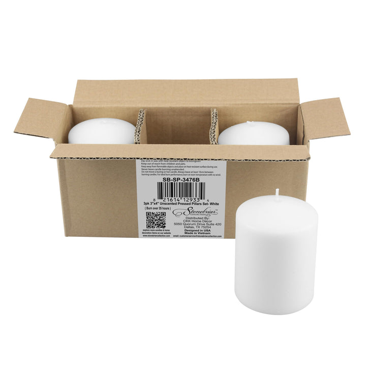 Stonebriar 3 Pack Tall 3 x 6 Inch 65 Hour Long Burning Unscented White Wax Pillar Candles 3x6 3.0