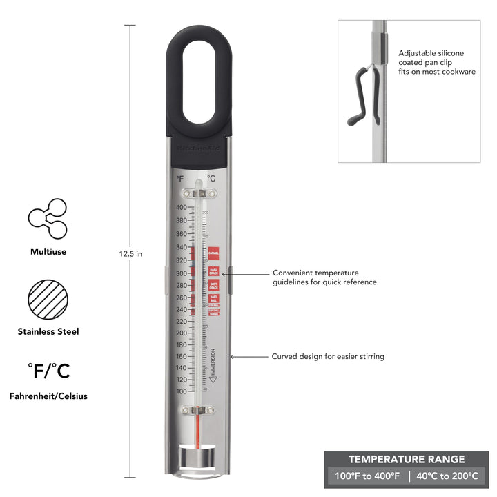 KitchenAid KQ907 Curved Stainless Steel Paddle Style Candy and Deep Fry Thermometer with pan clip, TEMPERATURE RANGE: 100F to 400F, Black