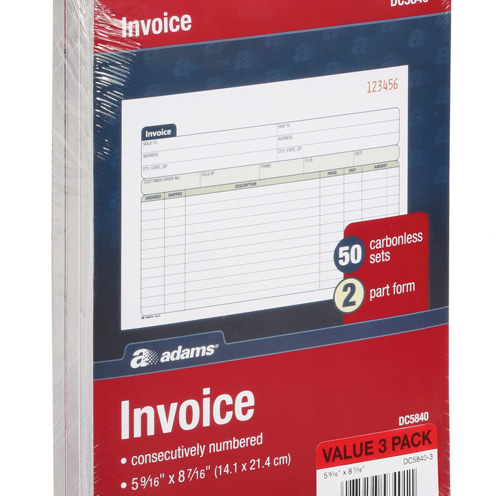 Adams Invoice Book 3 Pack, 2 Part Carbonless Invoices, Horizontal Sales Slip, 5-9/16 x 8-7/16 Inches, 50 Sets per Book (DC5840-3)