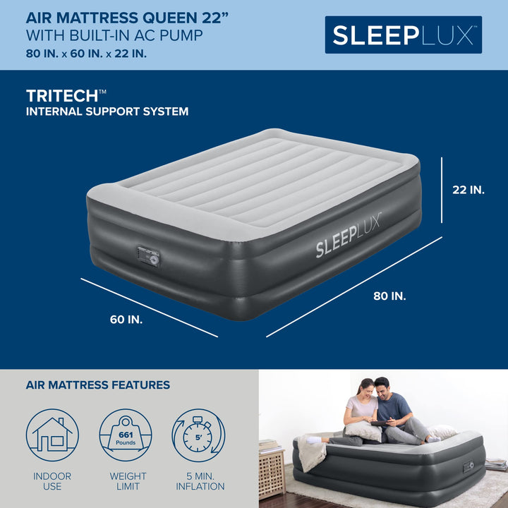 SleepLux Durable Inflatable Air Mattress with Built-in Pump, Pillow and USB Charger King 22"