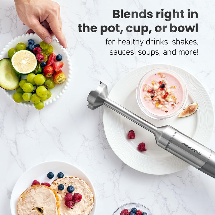 Elite Gourmet EHB1300 Cordless Rechargeable Hand Blender, Variable Speed Blending, One-Touch Power, Stainless Steel Blade, Portable Easy Control Stick Mixer, Sauce, Soup, Smoothie, Baby Food,Dark Grey