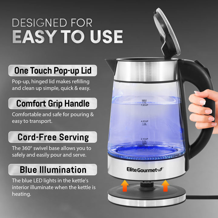 Elite Gourmet EKT1001 Electric 1.0L BPA-Free 1100W Glass Kettle Cordless 360° Base, Stylish Blue LED Interior, Handy Auto Shut-Off Function – Quickly Boil Water For Tea & More, Black 1.1 Quarts