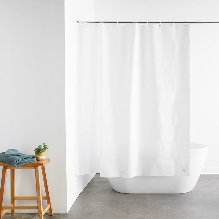 Basics Water Resistant 8-Gauge PEVA Shower Curtain Liner with Bottom Magnets and Plastic Hooks, 72"L x 72"W, White 72" x 72" PEVA with Magnets