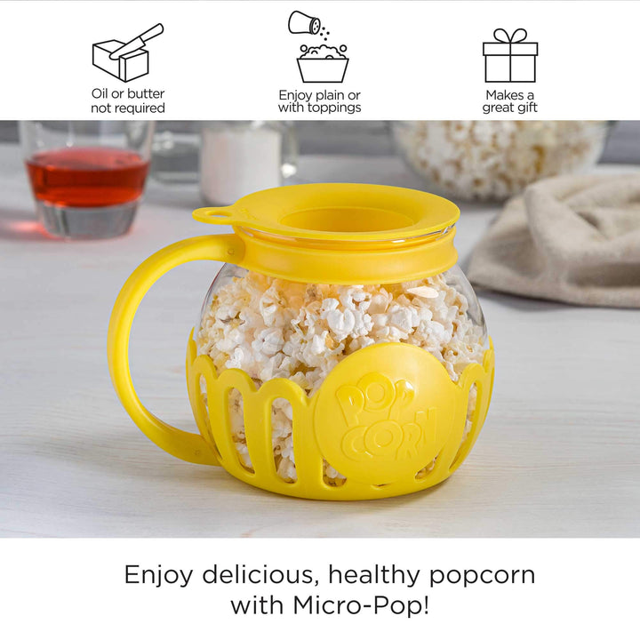 Ecolution Patented Micro-Pop Microwave Popcorn Popper with Temperature Safe Glass, 3-in-1 Lid Measures Kernels and Melts Butter, Made Without BPA, Dishwasher Safe, 1.5-Quart, Yellow 1.5-Quart Snack Size