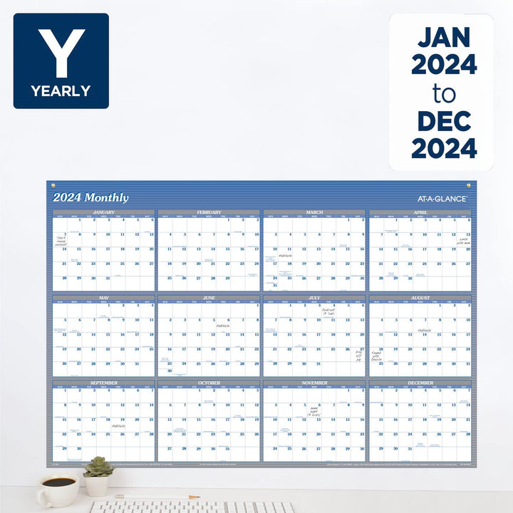 AT-A-GLANCE 2024 Wall Calendar, Dry Erase Monthly Wall Planner, 12 Month, 48" x 32", Extra Large, Vertical/Horizontal, Reversible, Blue (A1152-24) 2024 Old Edition