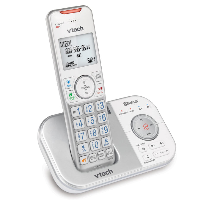 VTech VS112-17 DECT 6.0 Bluetooth Expandable Cordless Phone for Home with Answering Machine, Call Blocking, Caller ID, Intercom and Connect to Cell (Silver & White) 1 Handset