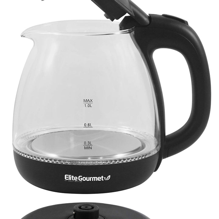 Elite Gourmet EKT1001 Electric 1.0L BPA-Free 1100W Glass Kettle Cordless 360° Base, Stylish Blue LED Interior, Handy Auto Shut-Off Function – Quickly Boil Water For Tea & More, Black 1.1 Quarts