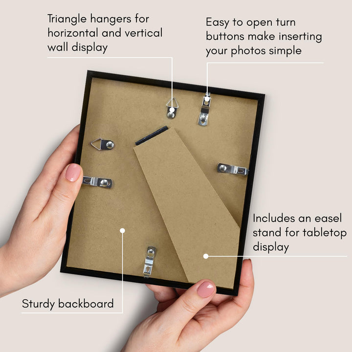 Americanflat 7x8 Picture Frame in Black - Thin Border Photo Frame with Shatter-Resistant Glass, Hanging Hardware, and Built-in Easel for Horizontal or Vertical Display Formats for Wall or Tabletop