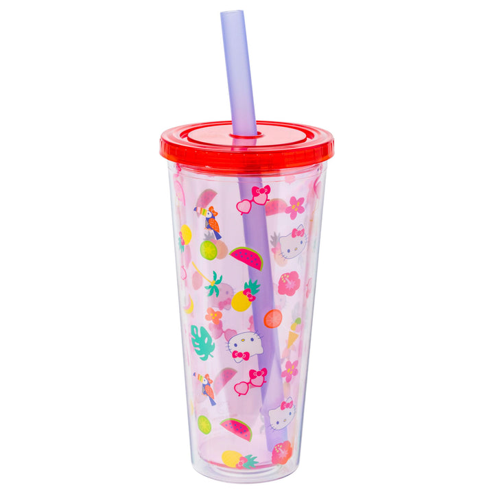 Silver Buffalo Sanrio Hello Kitty Tropical Summer Plastic Boba Tumbler with Lid and Wide Straw, 24 Ounces 24oz Hello Kitty Tropical Tossed Icons