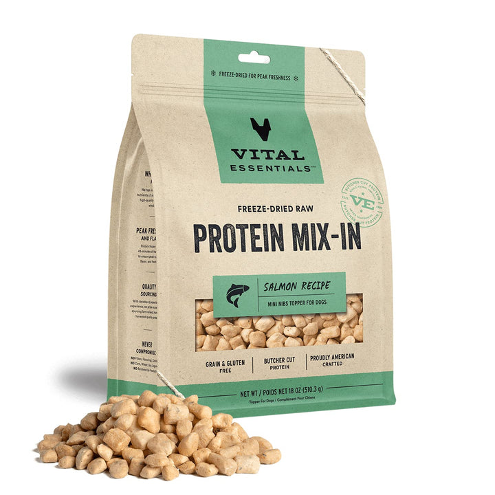 Vital Essentials Freeze Dried Raw Protein Mix-in Dog Food Topper, Salmon Mini Nibs Topper for Dogs, 18 oz