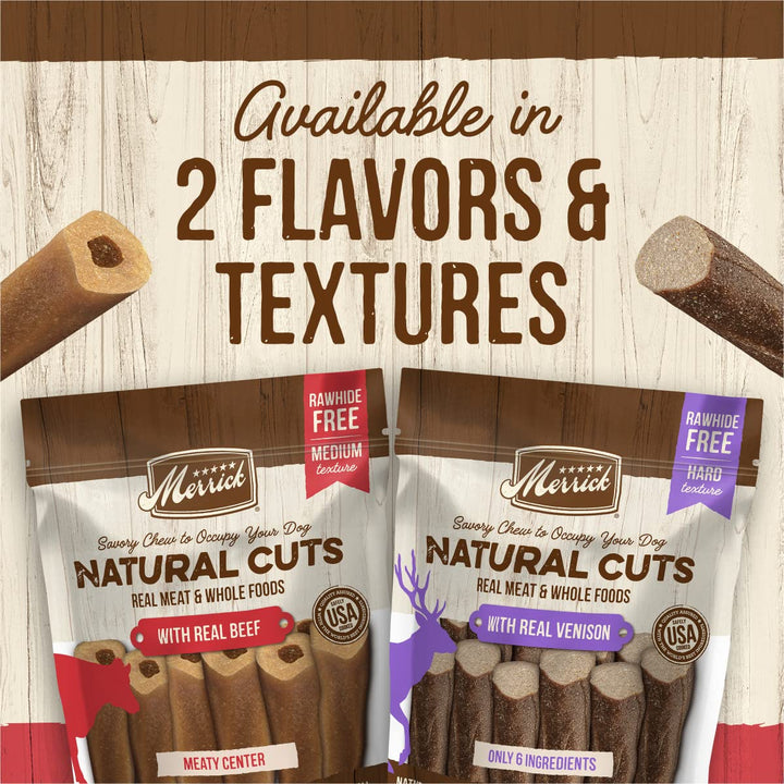 Merrick Natural Cuts Rawhide Free Dog Treats, Medium Texture Filled Dog Chew with Real Beef for Small Dogs - (6) 7 ct. Pouches Small Dog (5-25 LBS) 7 Count (Pack of 1)