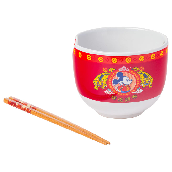 Silver Buffalo Disney Mickey Mouse Lunar Chinese New Year Tiger Ceramic Ramen Noodle Rice Bowl with Chopsticks, Microwave Safe, 20 Ounces