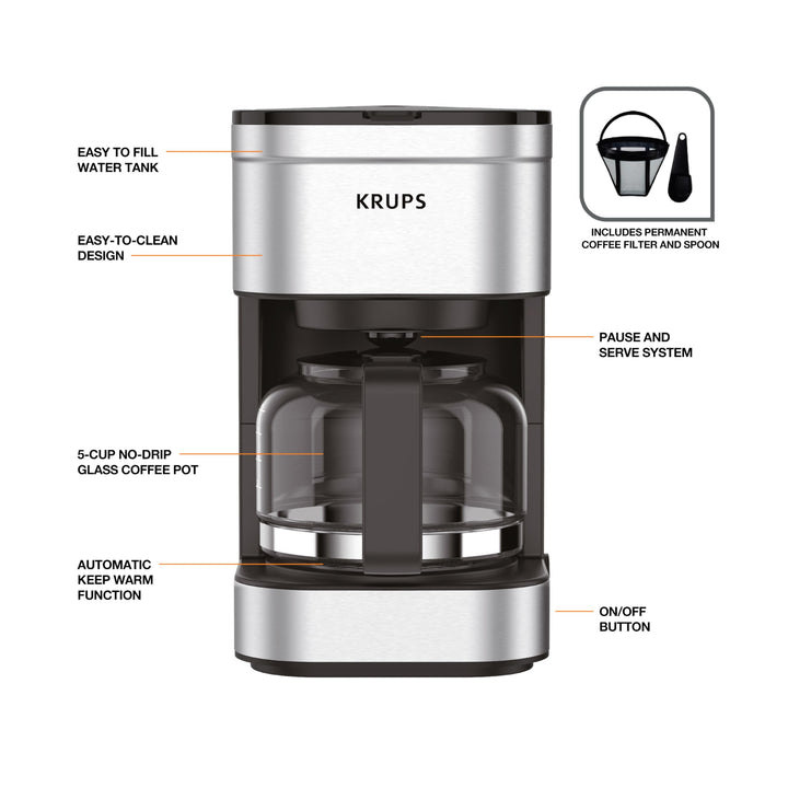 Krups Coffee Maker 10 Cups Digital Simply Brew Stainless Steel Drip Coffee Maker 900 Watts Digital Control, Coffee Filter, Drip Free, Dishwasher Safe Pot Silver and Black 10-Cup Glass & Digital