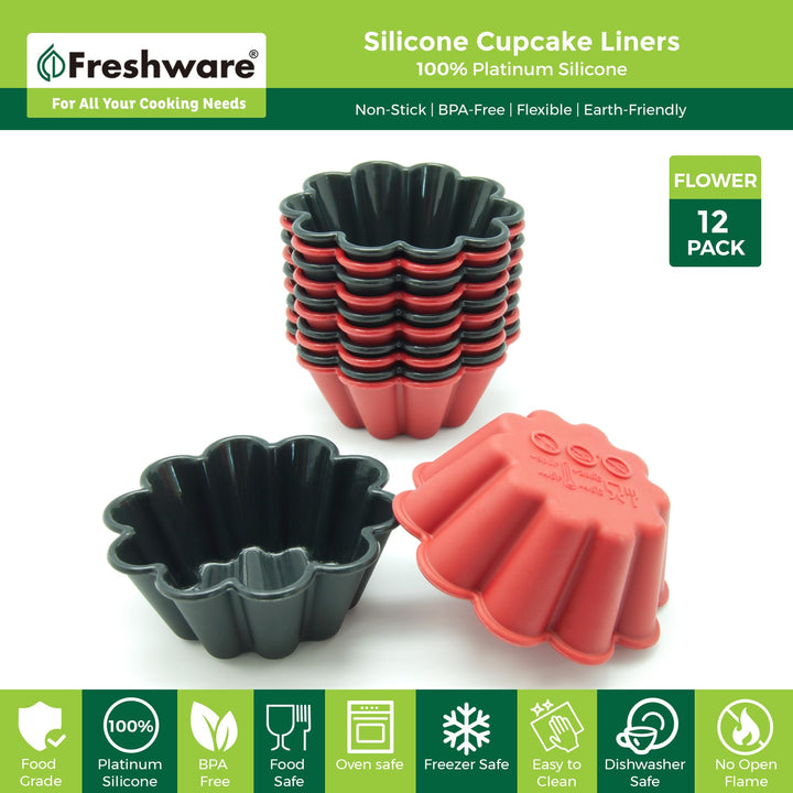 Freshware Cupcake Liners, Pack of 12 Silicone Muffin Cups, 3 Inch Silicone Baking Cups, Reusable & Non-stick Silicone Cupcake Liners for Party Halloween Christmas, Flower Red & Black Flower [12-Pack] New One Size