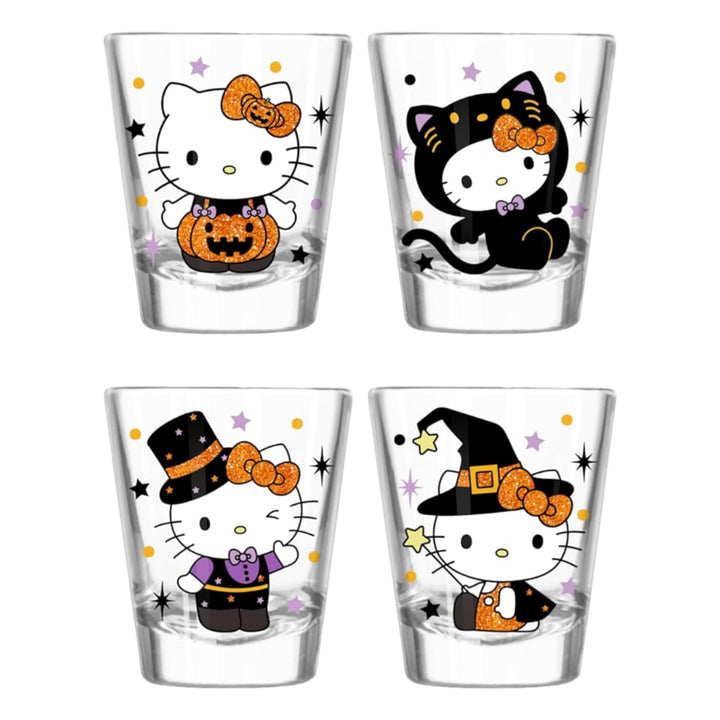 Silver Buffalo Sanrio Hello Kitty Glitter Halloween Themed Poses 4 pack Mini Glass Set, 1.5 Ounces