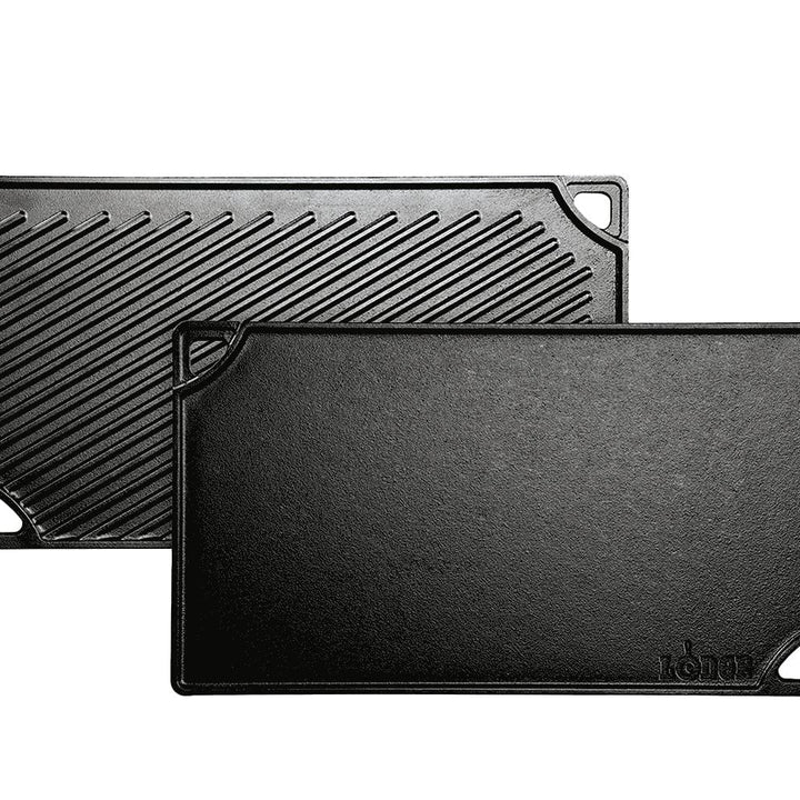 Lodge LDP3 Cast Iron Reversible Grill/Griddle (9.5" x 16.75") and Lodge Pan & Grill Scraper Set (2 Pieces) 16.75 Inch Double Burner Grill + Scraper, Set of 2