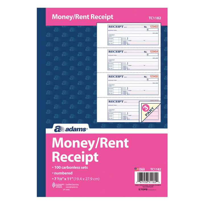 Adams Money and Rent Receipt Book, 3-Part, Carbonless, White/Canary/Pink, 7-5/8" x 10-7/8", Bound Wraparound Cover, 100 Sets per Book, 4 Receipts per Page (TC1182) 1