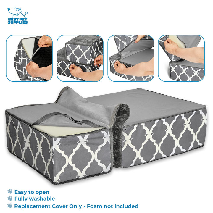 Best Pet Supplies Foldable Pet Stairs Cover for Foam Dog Ramps, Replacement Slip with Non-Slip Step Surface, Plush and Soft Fabric, Provides Paw Traction and Stability - Gray Lattice, 2-Step