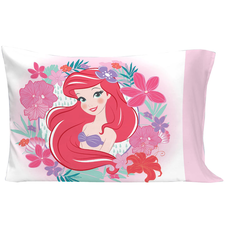 Disney Ariel Sea Garden 4 Piece Toddler Bed Set - Comforter, Fitted Sheet, Flat Top Sheet, Reversible Standard Size Pillowcase, Pink and Aqua Disney Ariel