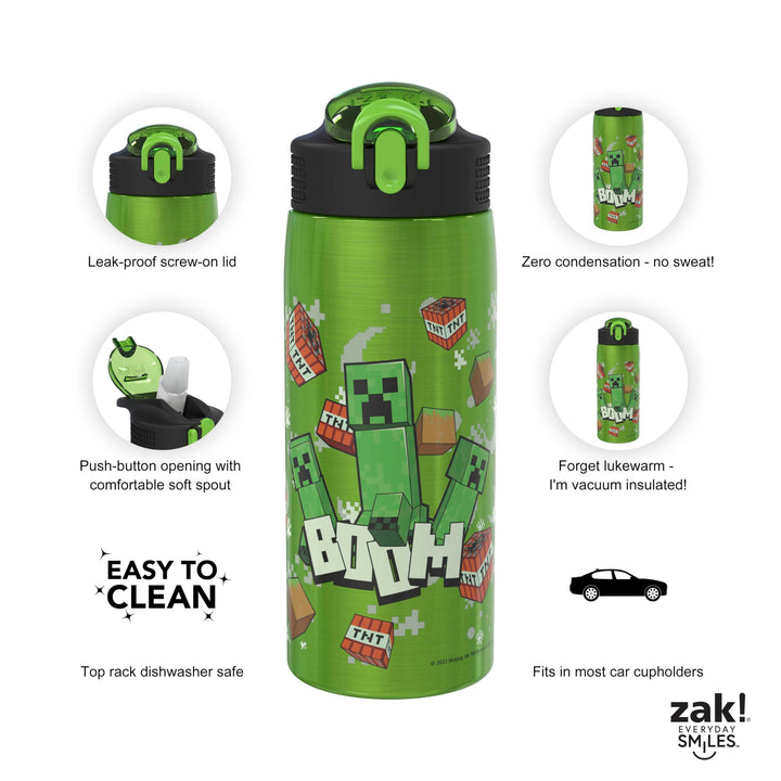 Zak Designs Minecraft Water Bottle for Travel and At Home, 19 oz Vacuum Insulated Stainless Steel with Locking Spout Cover, Built-In Carrying Loop, Leak-Proof Design (Creeper)