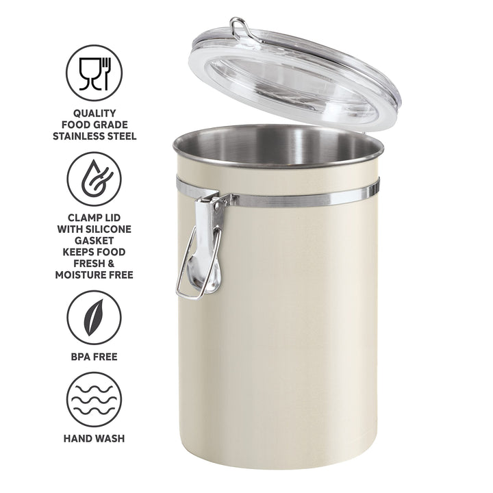 Oggi Stainless Steel Kitchen Canister 62 fl oz, Gray - Airtight Clamp Lid, Clear See-Thru Top - Ideal for Kitchen Storage, Food Storage, Pantry Storage. Large Size 5" x 7.5". Warm Gray 62-ounce Airtight Canister