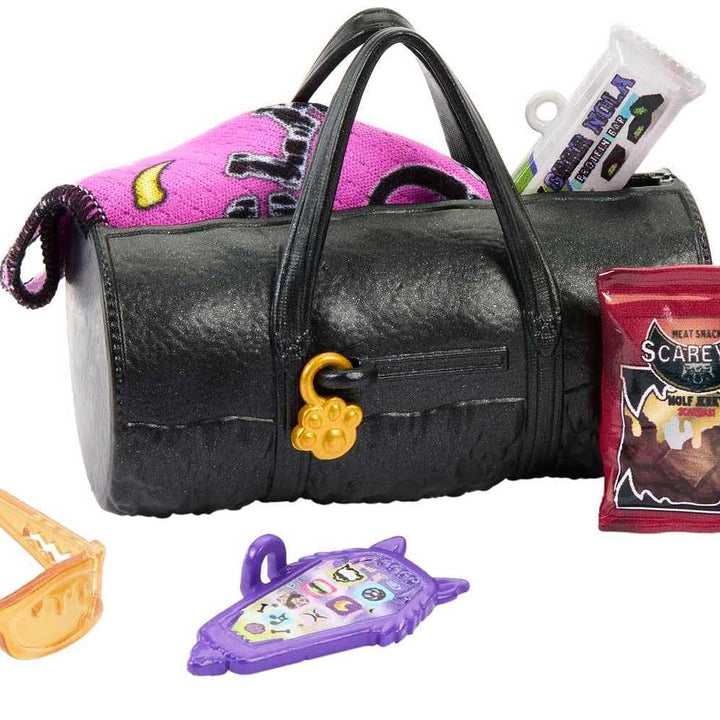 Monster High Doll, Clawd Wolf Werewolf with Pet Gargoyle Bulldog & Themed Accessories, Includes Casketball Jersey & Bag Black