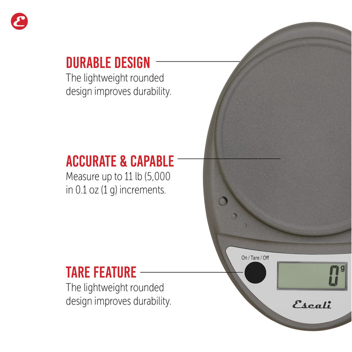 Escali Primo Digital Food Scale Multi-Functional Kitchen Scale and Baking Scale for Precise Weight Measuring and Portion Control, 8.5 x 6 x 1.5 inches, Metallic