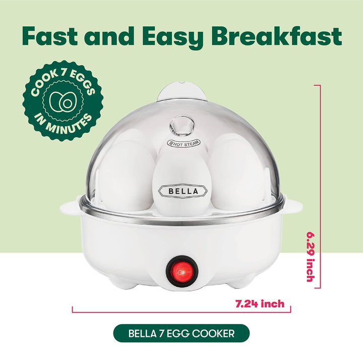 BELLA Rapid Electric Egg Cooker and Poacher with Auto Shut Off for Omelet, Soft, Medium and Hard Boiled Eggs - 7 Egg Capacity Tray, Single Stack, White