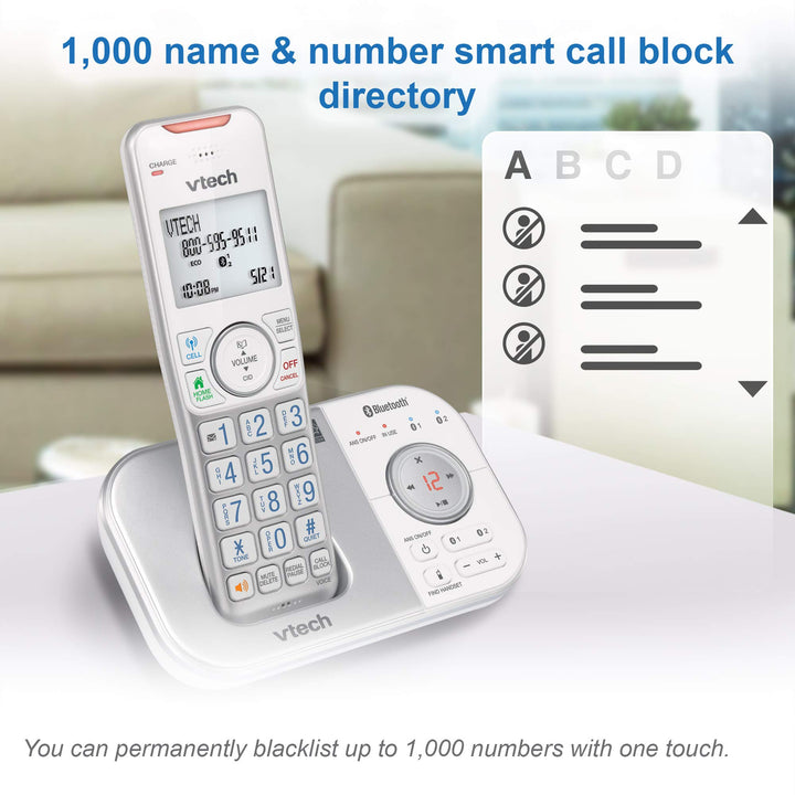 VTech VS112-17 DECT 6.0 Bluetooth Expandable Cordless Phone for Home with Answering Machine, Call Blocking, Caller ID, Intercom and Connect to Cell (Silver & White) 1 Handset