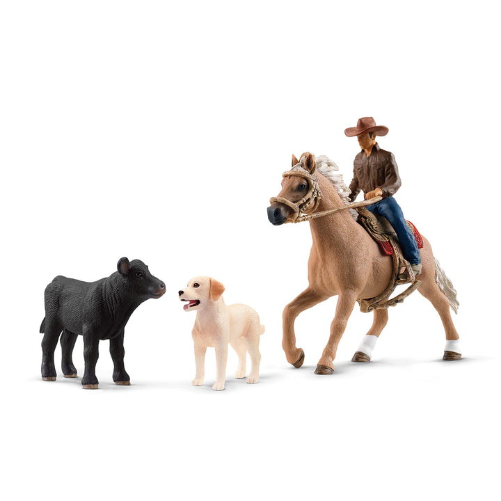 Schleich Farm World Rodeo Calf Adventure Playset - Cowboy Rodeo Rider Figurine with Horse, Cow, and Dog, Realistic Western Rodeo Farm Toys and Accessories, 6-Piece Kids Toy for Boys and Girls