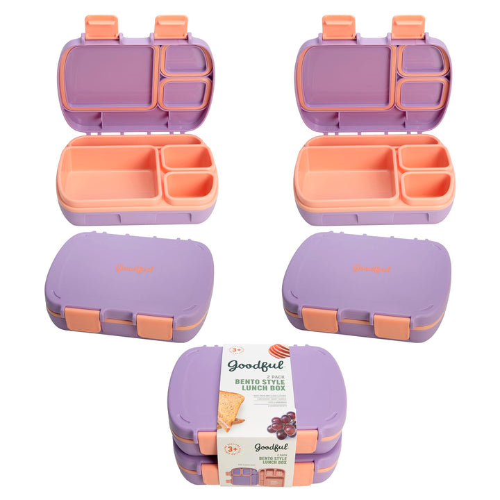 Goodful Bento-Style Kids Lunch Box with Carry Handle, Easy To Open Latches, 4 Compartment Design with Built-In Phone Stand, Food-Safe Container Made without BPA, 2-Pack, Blush Kids Size, Set of 2