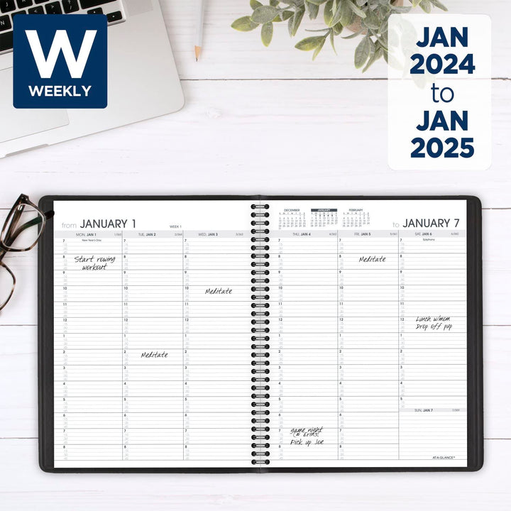 AT-A-GLANCE 2024 Weekly Planner, Quarter-Hourly Appointment Book, 7" x 8-3/4", Medium, Telephone/Address Pages, Black (709510524) 2024 Old Edition