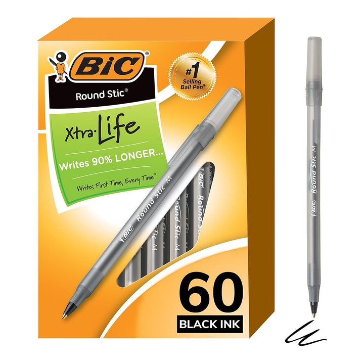 BIC Round Stic Xtra Life Ballpoint Pens, Medium Point (1.0mm), Black, 60-Count Pack, Flexible Round Barrel For Writing Comfort (GSM609-BLK)