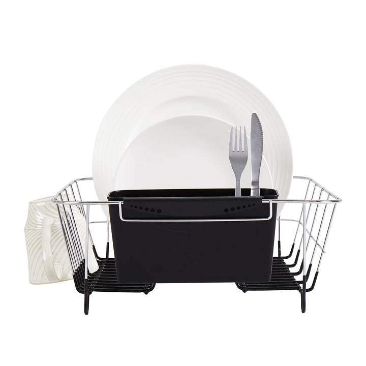 Sweet Home Collection 2 Piece Dish Drying Rack Set Drainer with Utensil Holder Simple Easy to Use Fits in Most Sinks, 14.5" x 13" x 5.25", Black