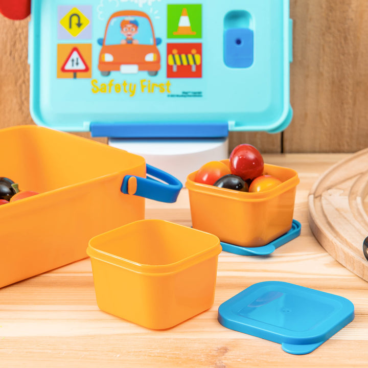 Zak Designs Blippi Reusable Plastic Bento Box with Leak-Proof Seal, Carrying Handle, Microwave Steam Vent, and Individual Containers for Kids' Packed Lunch (3-Piece Set)